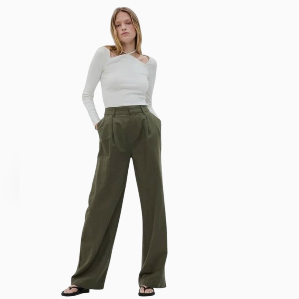 GAP Linen Cotton Blend Wide Leg Pants Trousers Army Green Size 6 Small Medium